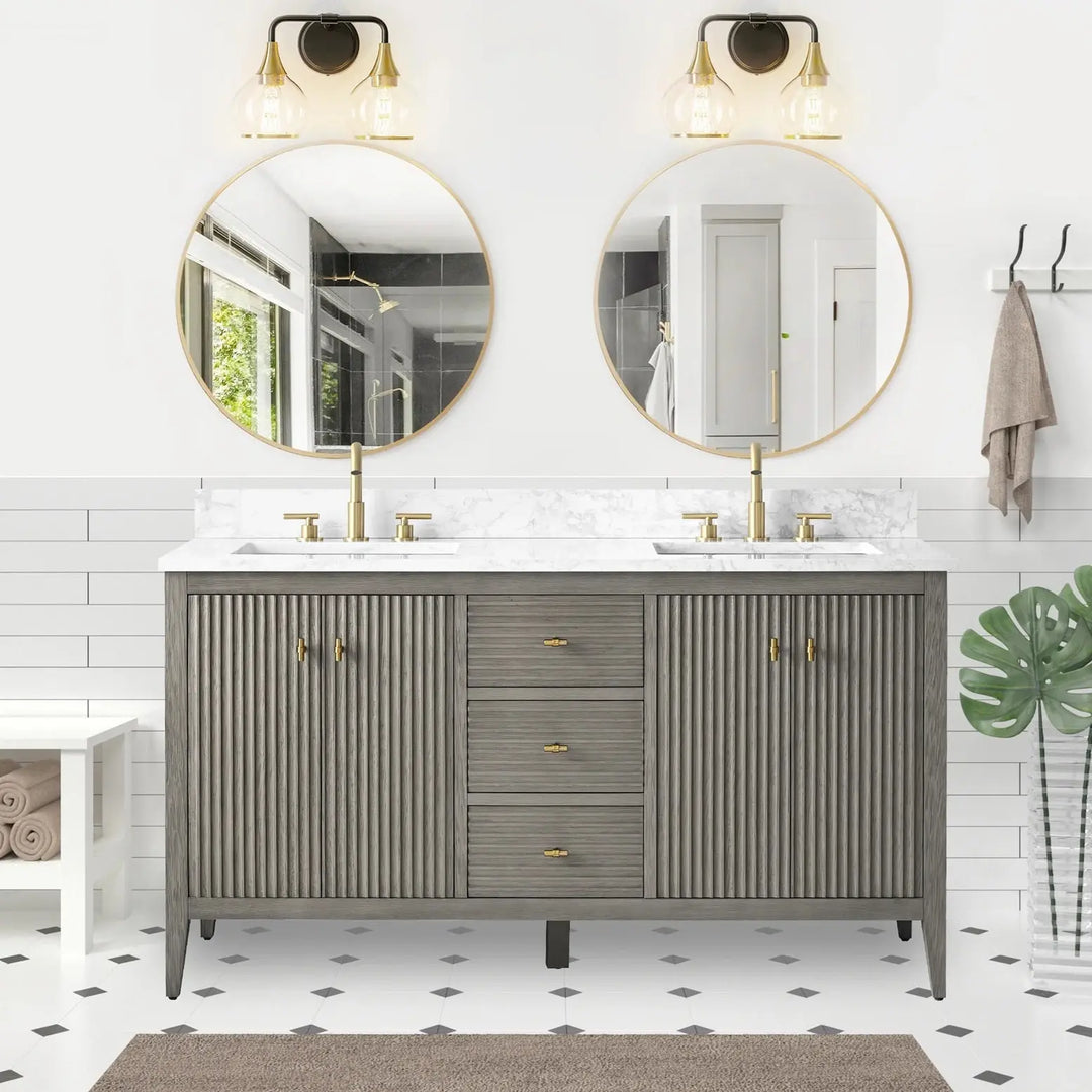 Gale free standing 60" double bathroom vanity. Fluted cabinet door. Secret Bath