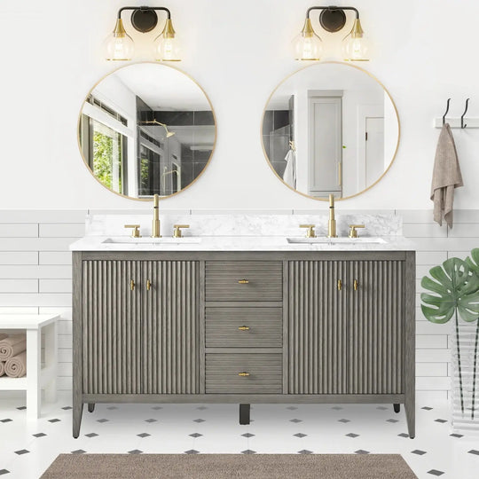 Gale free standing 60" double bathroom vanity. Fluted cabinet door. Secret Bath