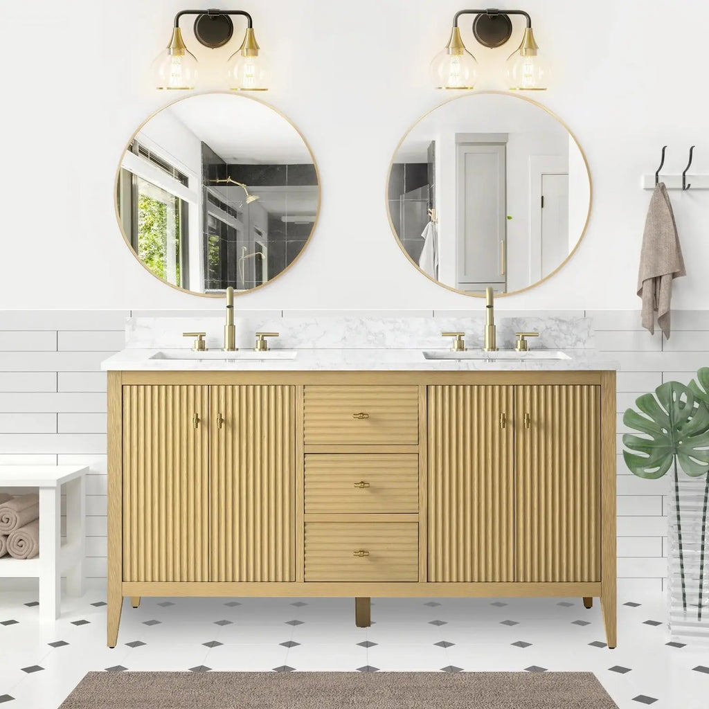 Gale free standing 60" double bathroom vanity. Fluted cabinet door. Secret Bath