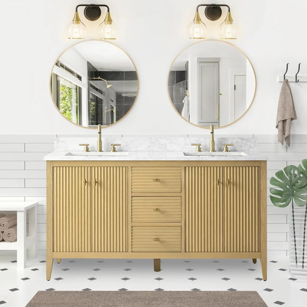 Gale free standing 60" double bathroom vanity. Fluted cabinet door. Secret Bath