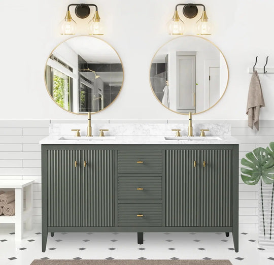 Gale free standing 60" double bathroom vanity. Fluted cabinet door. Secret Bath