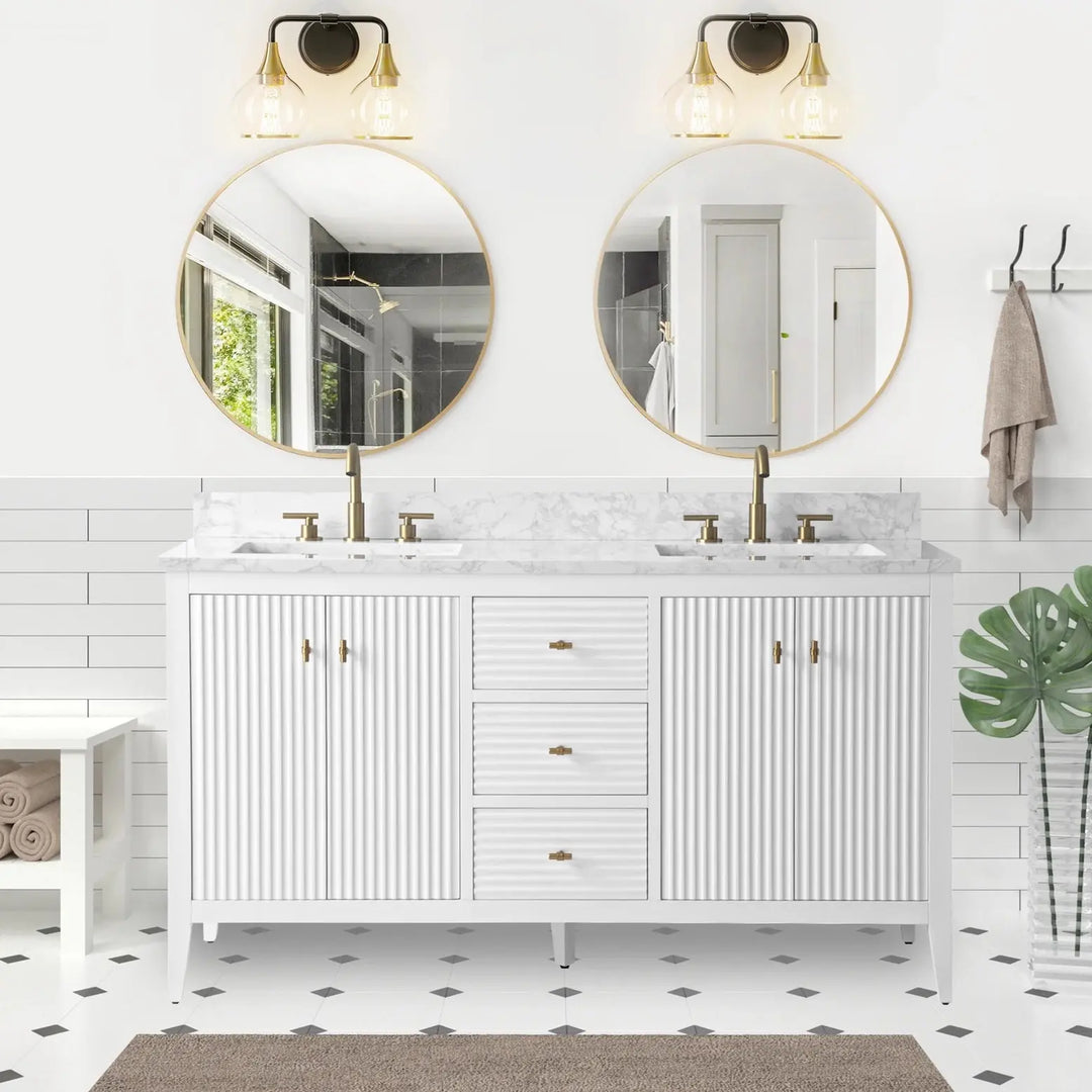 Gale free standing 60" double bathroom vanity. Fluted cabinet door. Secret Bath