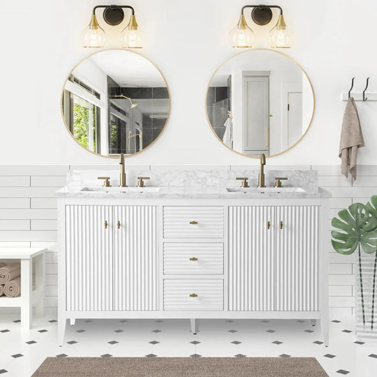 Gale free standing 60" double bathroom vanity. Fluted cabinet door. Secret Bath