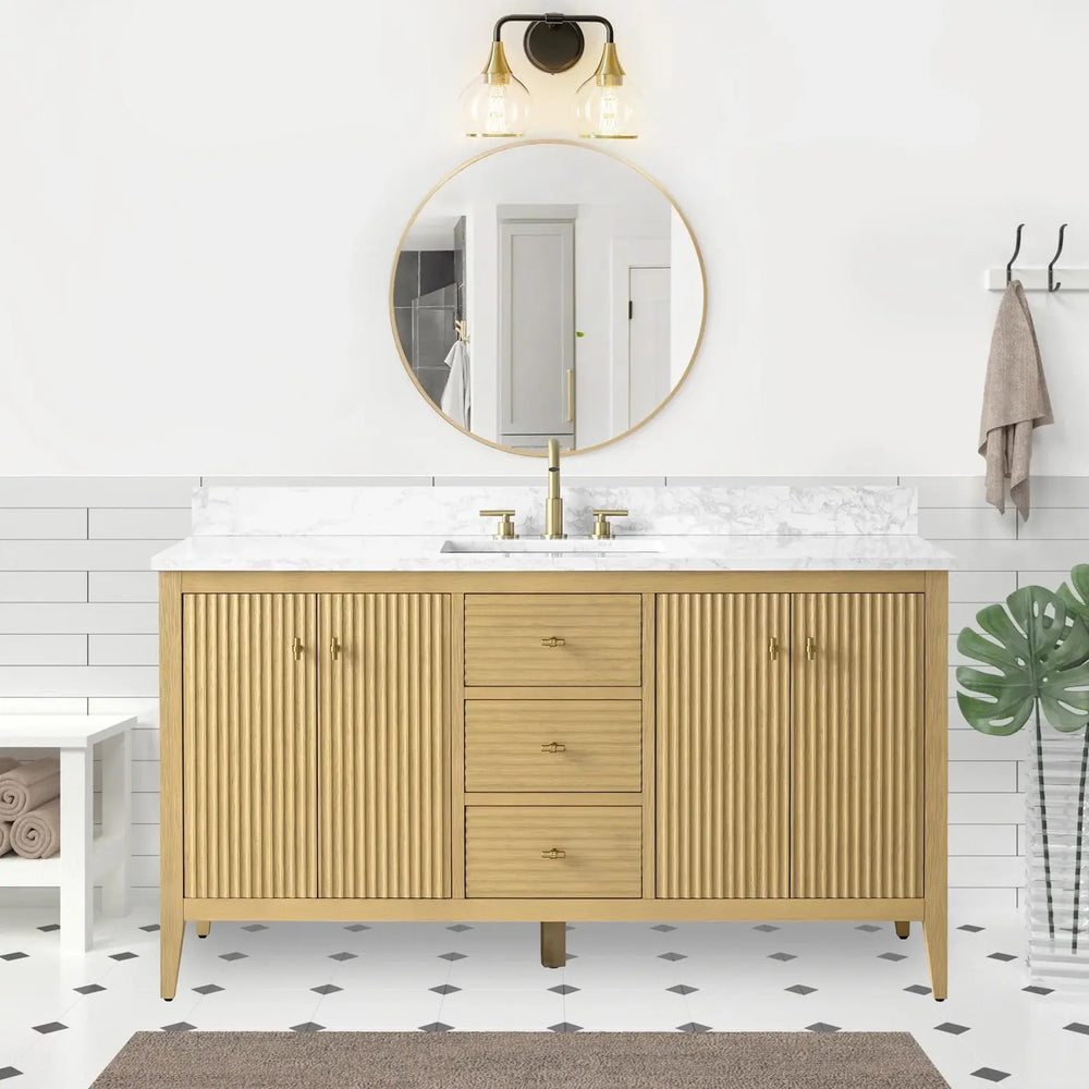Gale free standing 60" single bathroom vanity. Fluted cabinet door. Secret Bath
