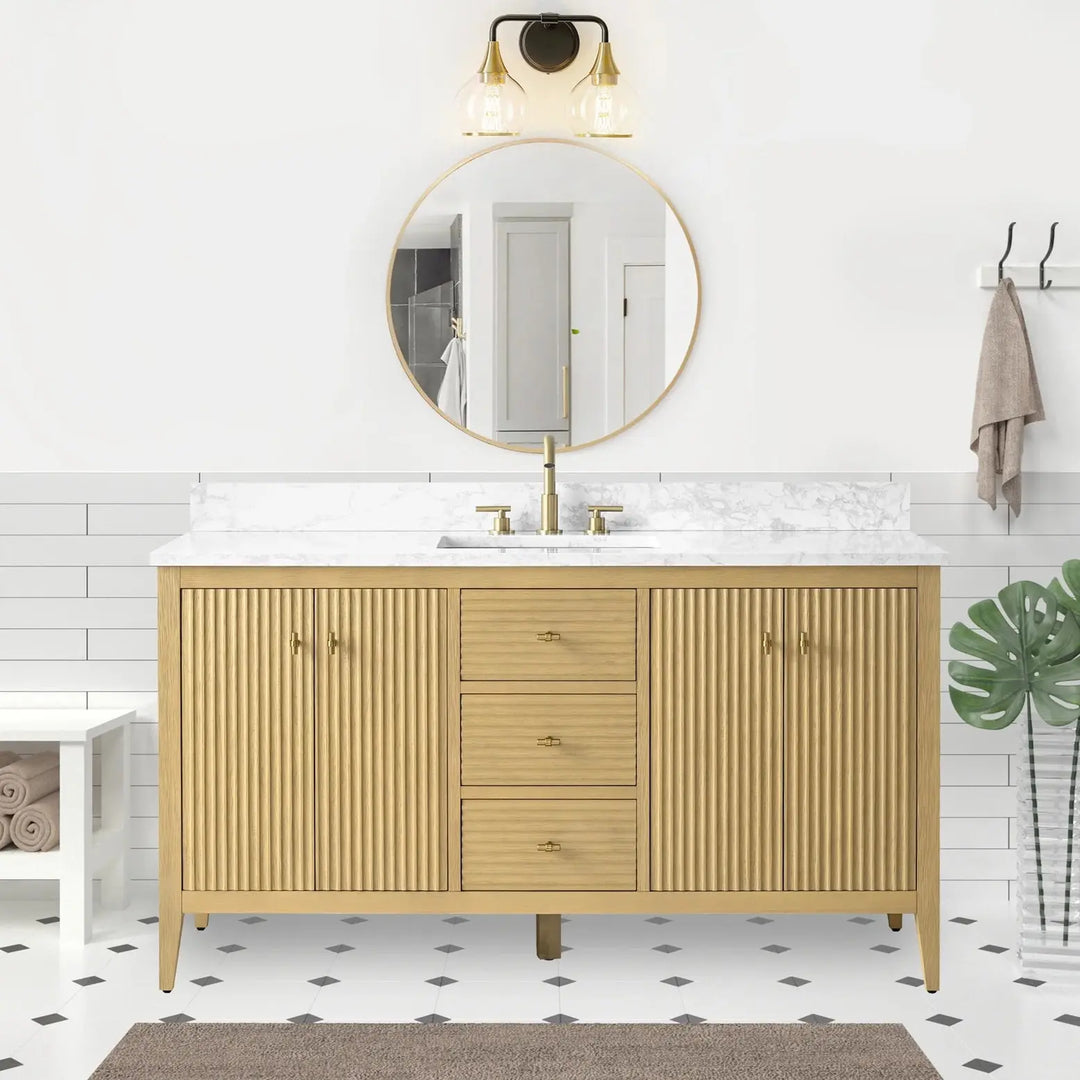 Gale free standing 60" single bathroom vanity. Fluted cabinet door. Secret Bath