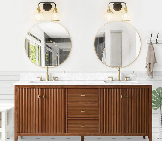 Gale free standing 72" double bathroom vanity. Fluted cabinet door. Secret Bath