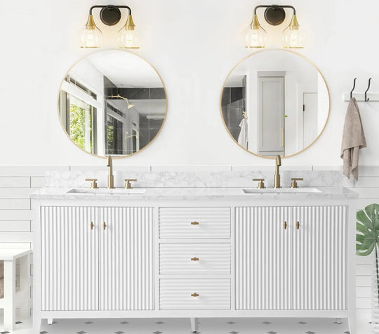 Gale free standing 72" double bathroom vanity. Fluted cabinet door. Secret Bath