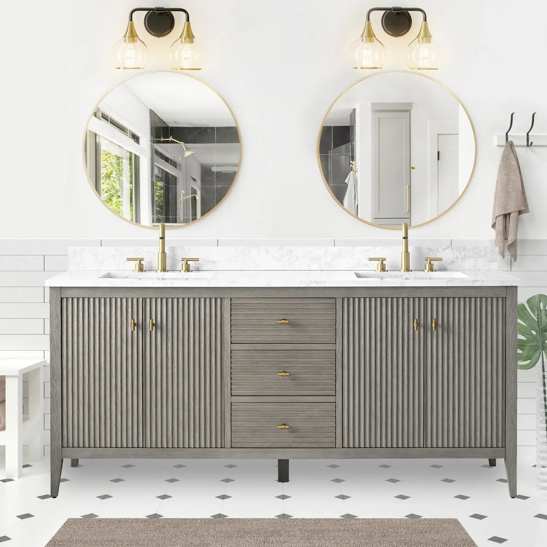 Gale free standing 72" double bathroom vanity. Fluted cabinet door. Secret Bath