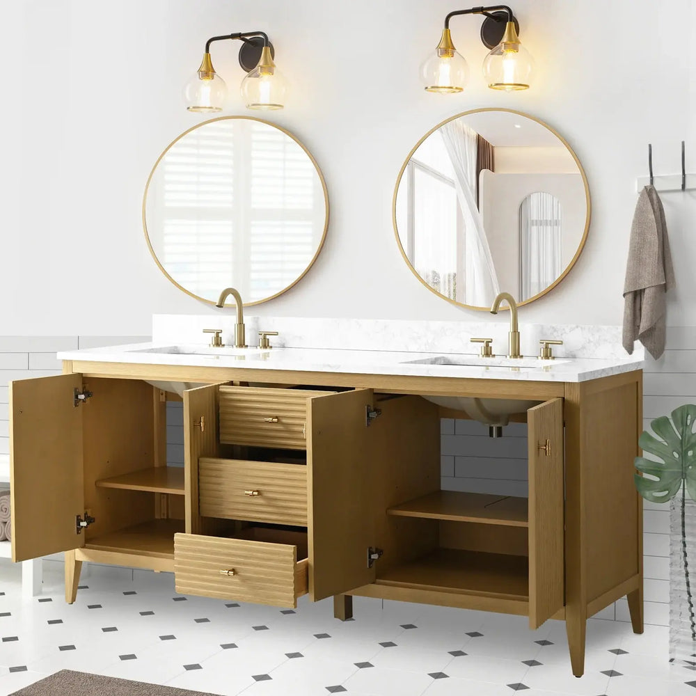 Gale free standing 72" double bathroom vanity. Fluted cabinet door. Secret Bath