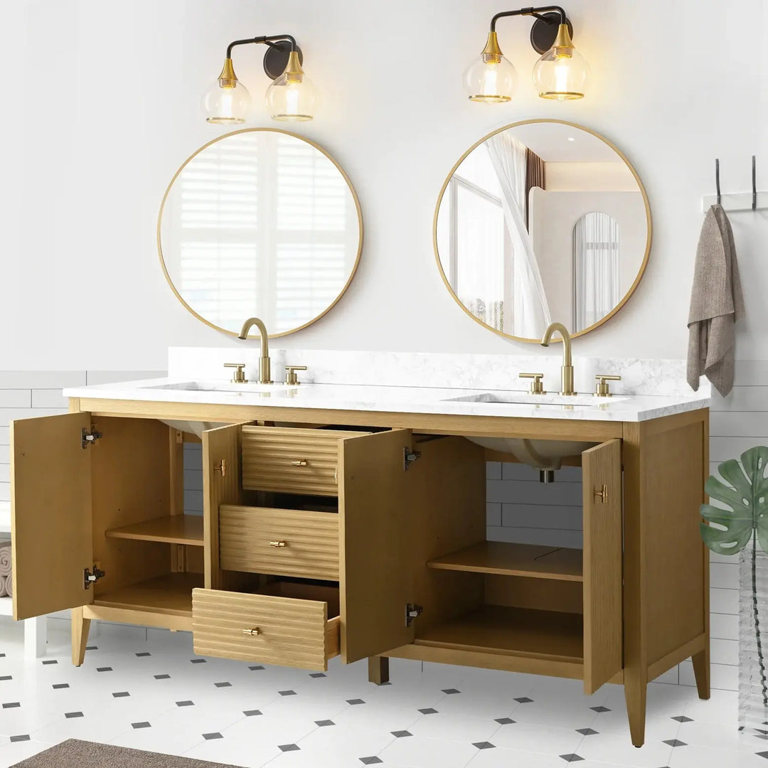 Gale free standing 72" double bathroom vanity. Fluted cabinet door. Secret Bath