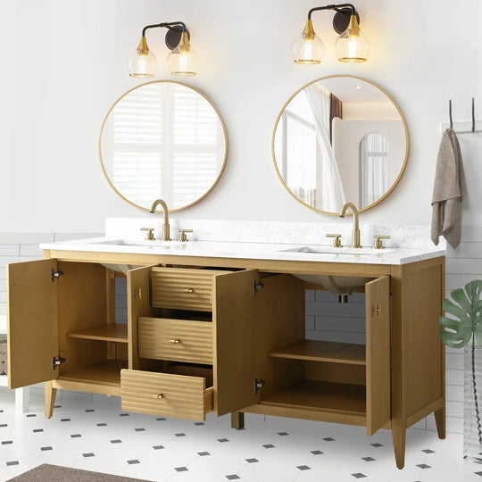 Gale free standing 72" double bathroom vanity. Fluted cabinet door. Secret Bath