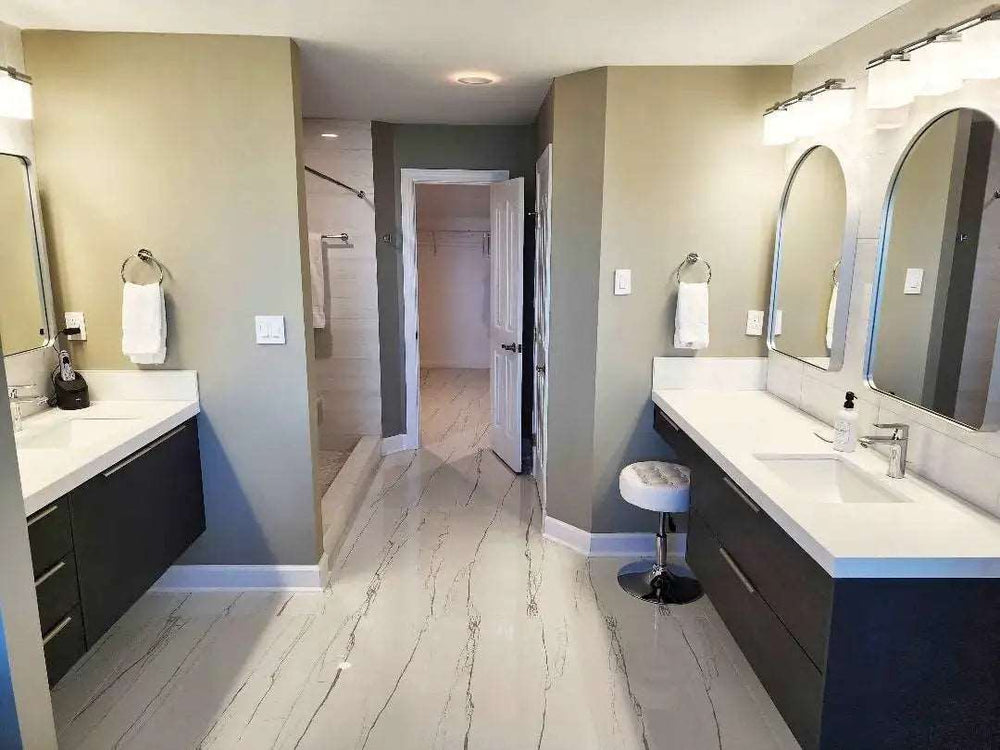 Project in Hampton, Virginia. Two custom bathroom vanities for her and for him. Finish Wood grain Dark Grey. White Quartz countertop mitered. Ceramic undermount sink.