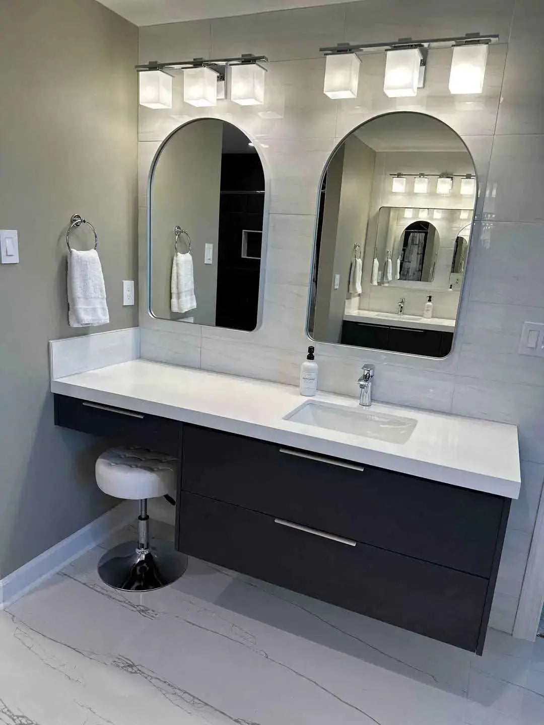 72" Custom bathroom vanity with makeup. Finish wood grain dark grey. White Quartz countertop. Ceramic undermount sink