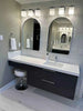 72" Custom bathroom vanity with makeup. Finish wood grain dark grey. White Quartz countertop. Ceramic undermount sink