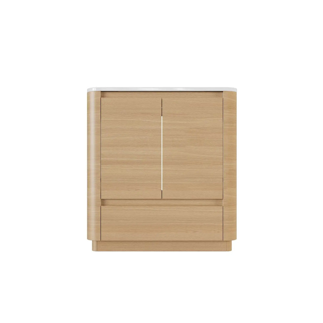 Hana free standing bathroom vanity. Natural Oak. Curve bathroom cabinets Secret Bath