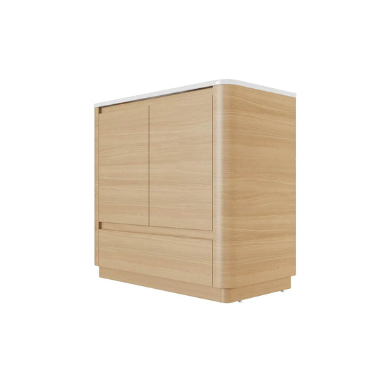 Hana free standing bathroom vanity. Natural Oak. Curve bathroom cabinets Secret Bath