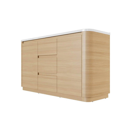 Hana free standing bathroom vanity. Natural Oak. Curve bathroom cabinets Secret Bath
