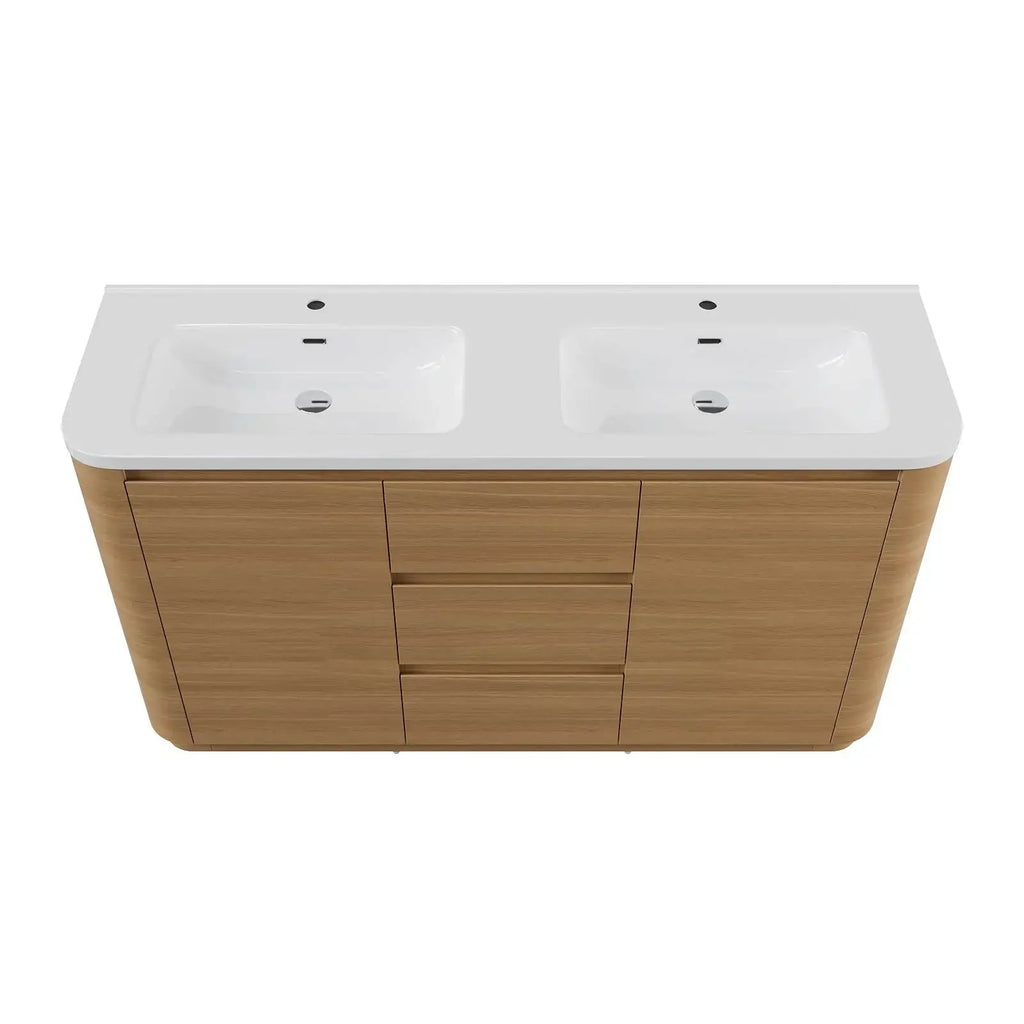 Hana free standing bathroom vanity. Natural Oak. Curve bathroom cabinets Secret Bath