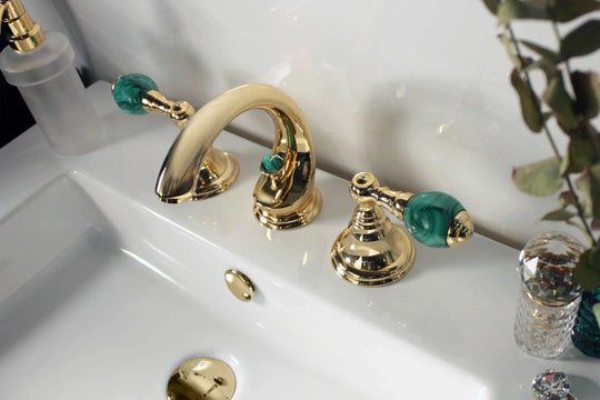 Atlantica Precious two handles widespread bathroom sink faucet with Malachite stone.