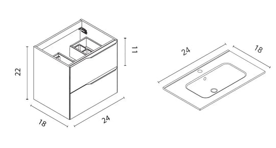 Milan 24 inches modern wall mounted bathroom Vanity 2 Drawers with ceramic sink console Roca Group