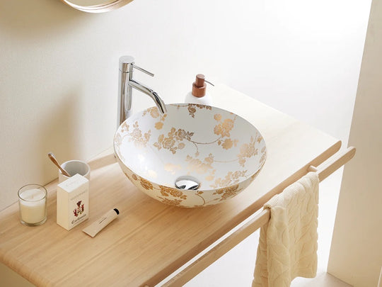 New Lys Rose bathroom vessel sink. Hand decorate sink