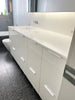 Custom floor mounted white glossy lacquered bathroom vanity 76 x 25 inches. 8 drawers + 2 inside drawers. Custom Resin gelcoat countertop one sink to left. White
