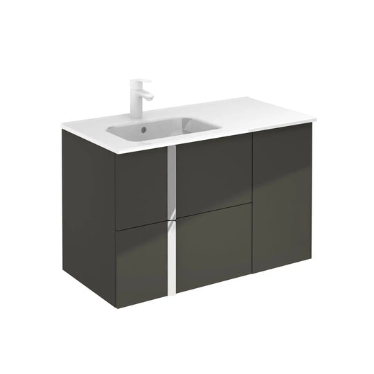 Neox 36 inches modern wall mounted bathroom Vanity with ceramic sink console. 2 drawers. Contemporary vanities. Roca Group