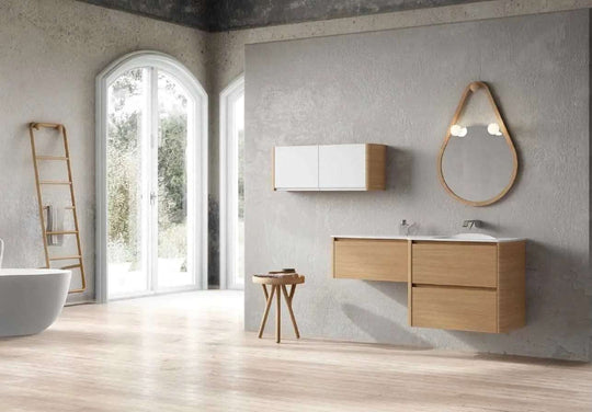 Aston Contemporary Floating 54" bathroom vanity. Natural Oak. Modern luxury bathroom cabinet. European high end bathroom.