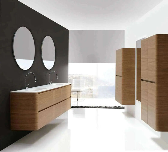 Aston Contemporary Floating 76" double sink bathroom vanity. Ferreiro oak finish