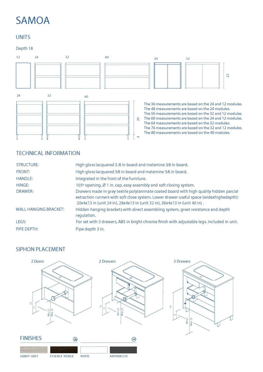 Samoa 64 inches wall mounted Bathroom Vanity 4 drawers with matte double sink console Roca Group