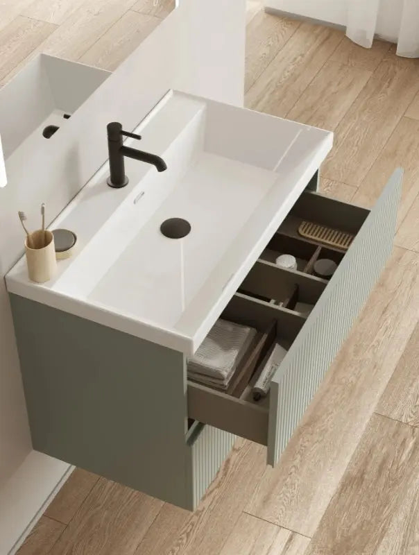 Wall mounted bathroom cabinet in matte green finish