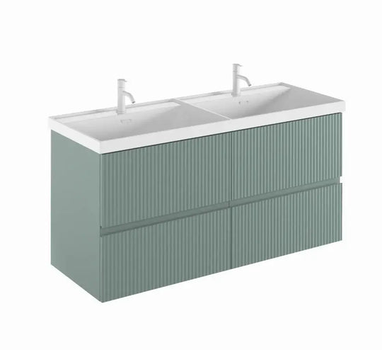 Double sink floating bathroom vanity in matte green