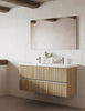 Wall mounted double sink bathroom cabinet in natural hickory wood finish