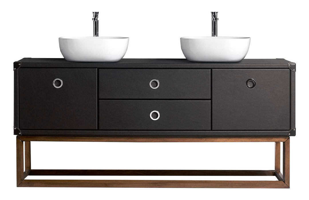 Compass  double sink floor mounted bathroom vanity 71". Brown Leather Upholstery Coleccion Alexandra