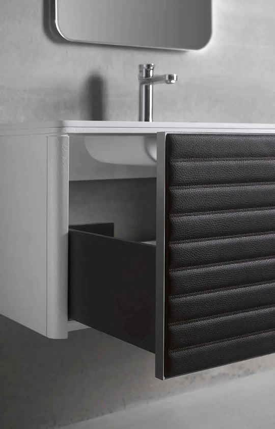 Boston wall mounted bathroom vanity 37". Lacquered and leather.