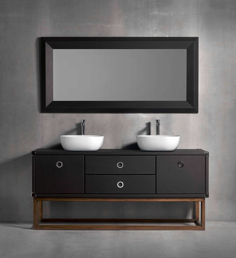 Compass  double sink floor mounted bathroom vanity 71". Brown Leather Upholstery Coleccion Alexandra