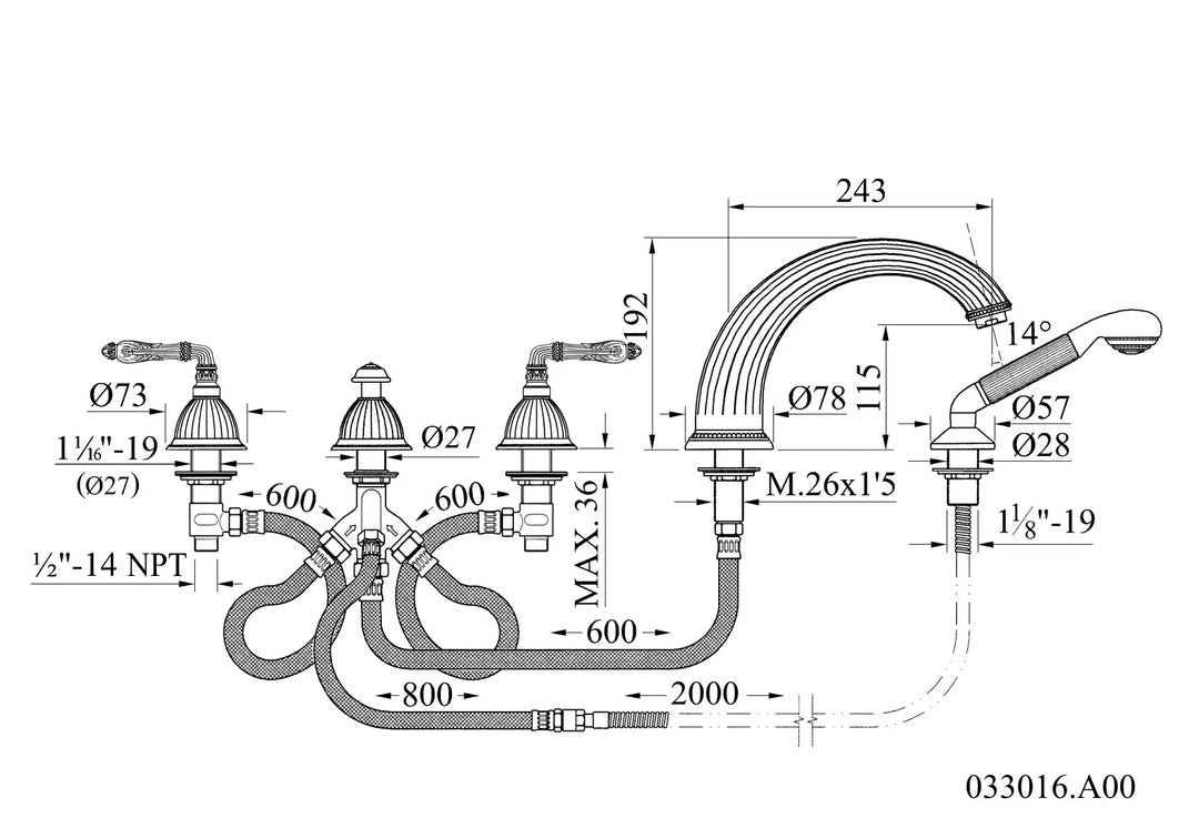 Regency 5 holes bathtub faucet set . Luxury deck-mount bathtub taps, European brand Secret Bath