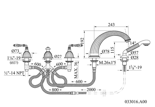 Regency 5 holes bathtub faucet set . Luxury deck-mount bathtub taps, European brand Secret Bath