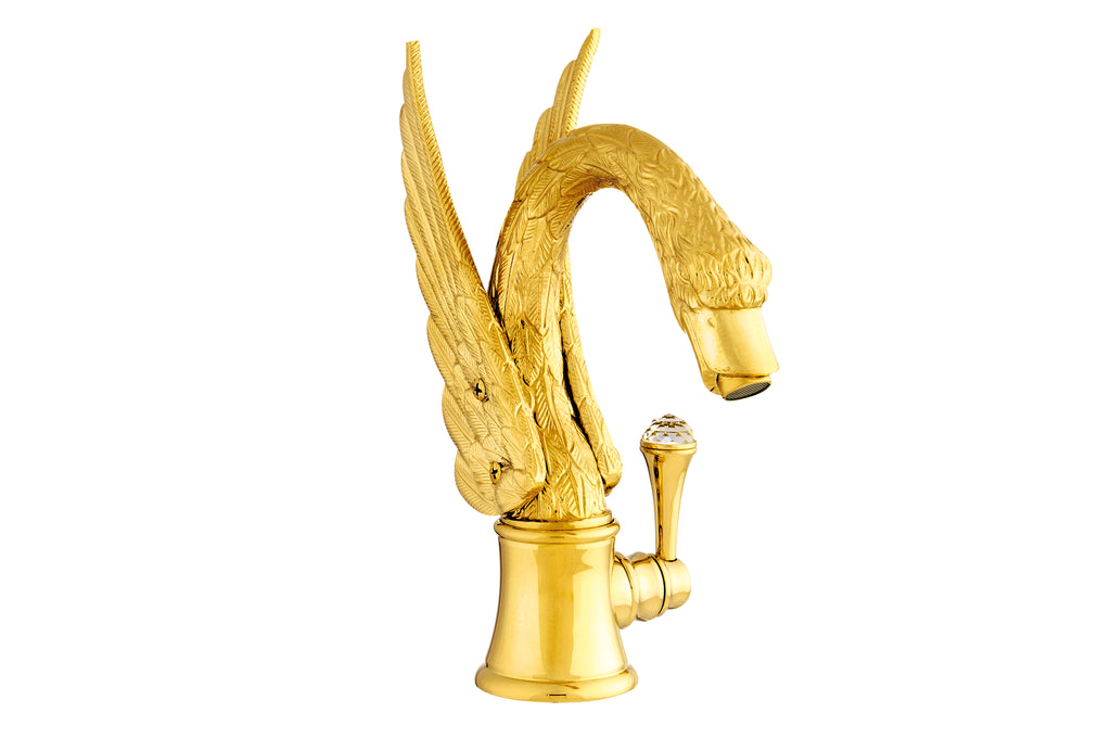 Swan single hole gold bathroom sink faucet with Swarosvki crystal, Luxury faucet.