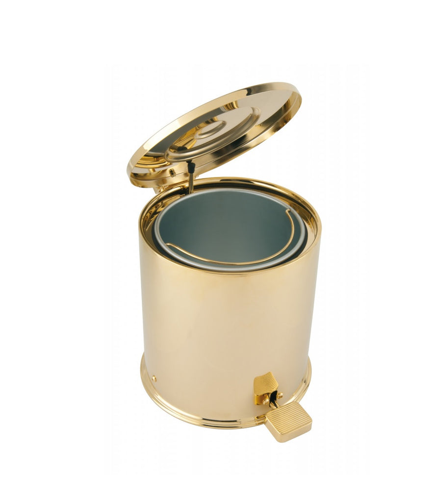 Boutique polished gold trash can, luxury bath accessories. Classic bathroom
