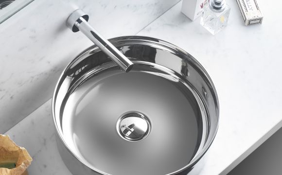 Dinan polished silver bathroom vessel sink. Shiny finish Bathco