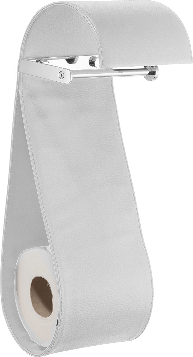 Iris Chrome White Toilet Paper Holder with Spare, White Leather. Bath Tissue Holder 6150