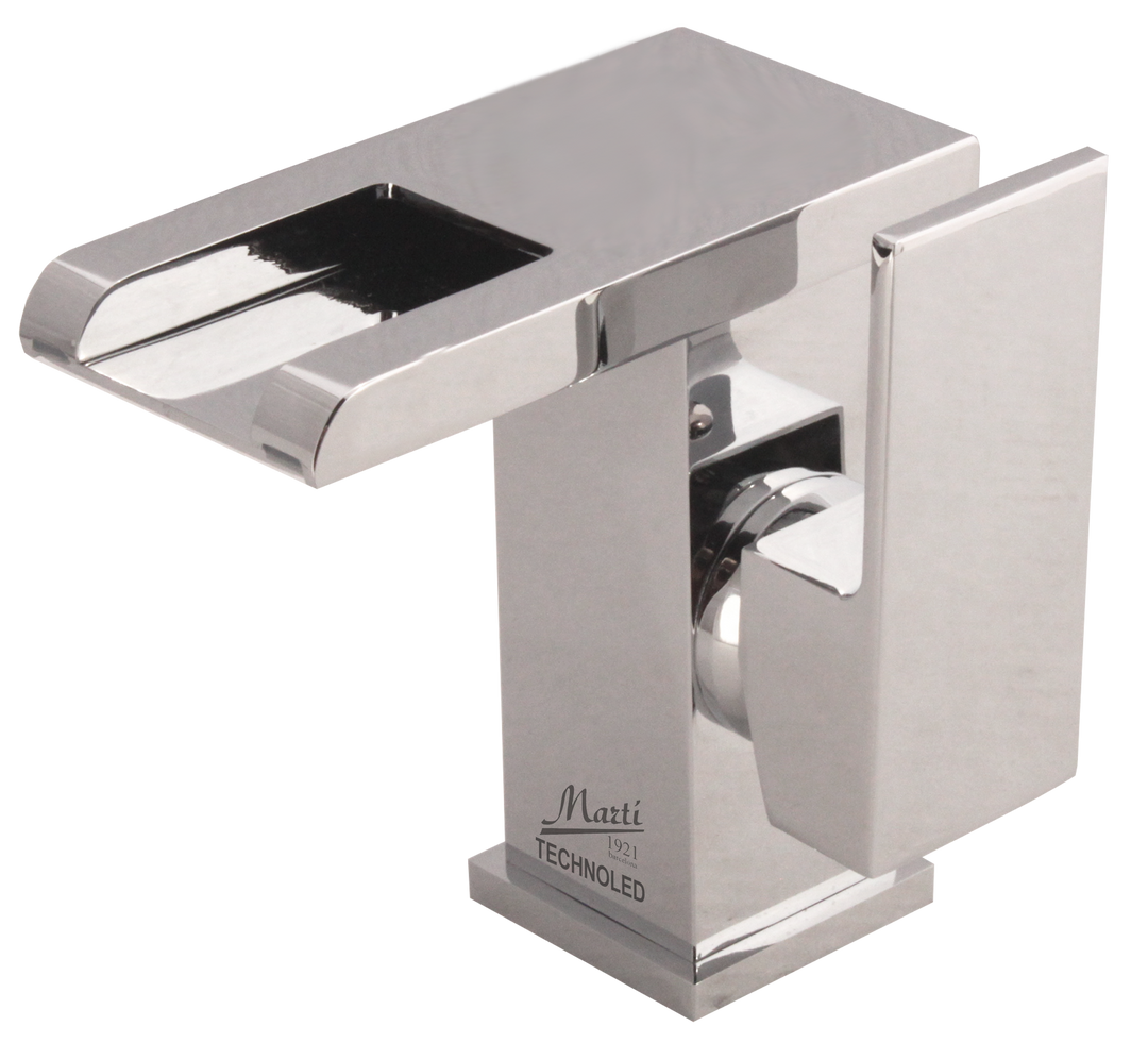 Technoled single hole bathroom sink faucet. Temperature sensor LED system.