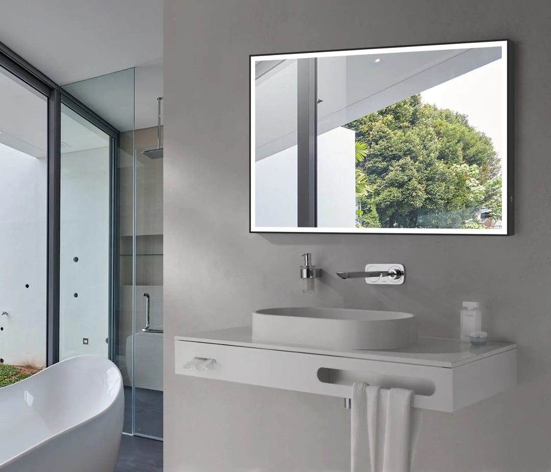 Leo Matte black framed LED bathroom mirror, Touchless switch. Secret Bath