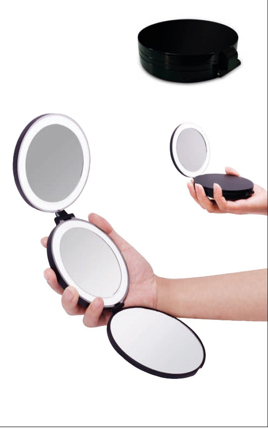 Foldable handheld makeup 10X LED mirror Black LED pocket mirror