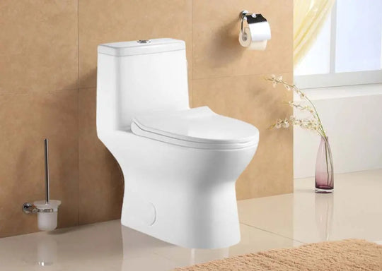 Solid One piece toilet. Vitreous china white. Watersense toilet. Secret Bath