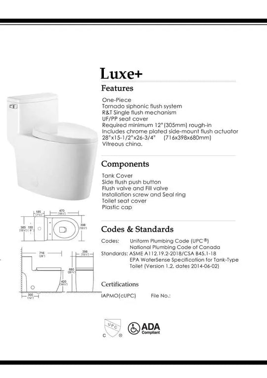 Luxe One piece Tornado toilet. Vitreous china white. Watersense toilet. Rimless toilet Secret Bath