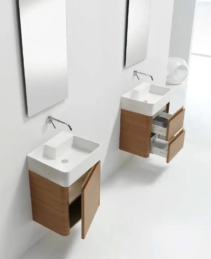 Mini Aston Contemporary Floating 20" bathroom vanity. Ferreiro Oak. Small bathroom vanity Secret Bath