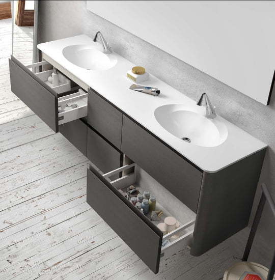 Aston Contemporary Floating 76" double sink bathroom vanity. Matte Dark Grey. Modern high-end european cabinets.