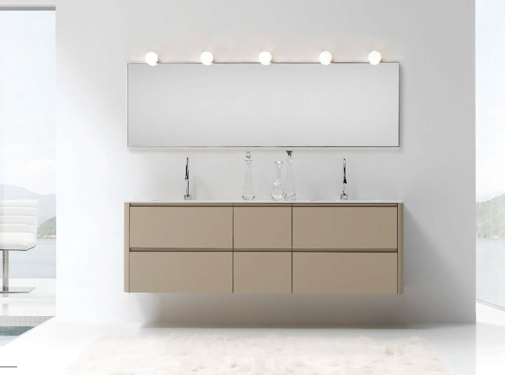 Aston Contemporary Floating 76" double sink bathroom vanity. Matte Taupe Piedra lacquered